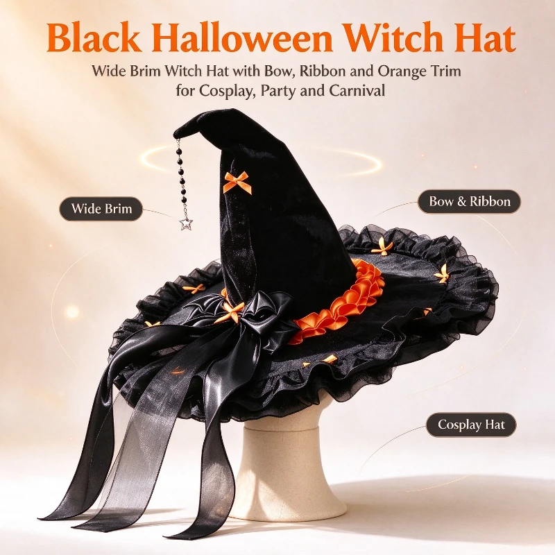 Halloween Witch Hat for Lolita Cosplay Wizard Cap Party Dress Up Prop Witchcraft Themed Costume Accessory Lolita Hat