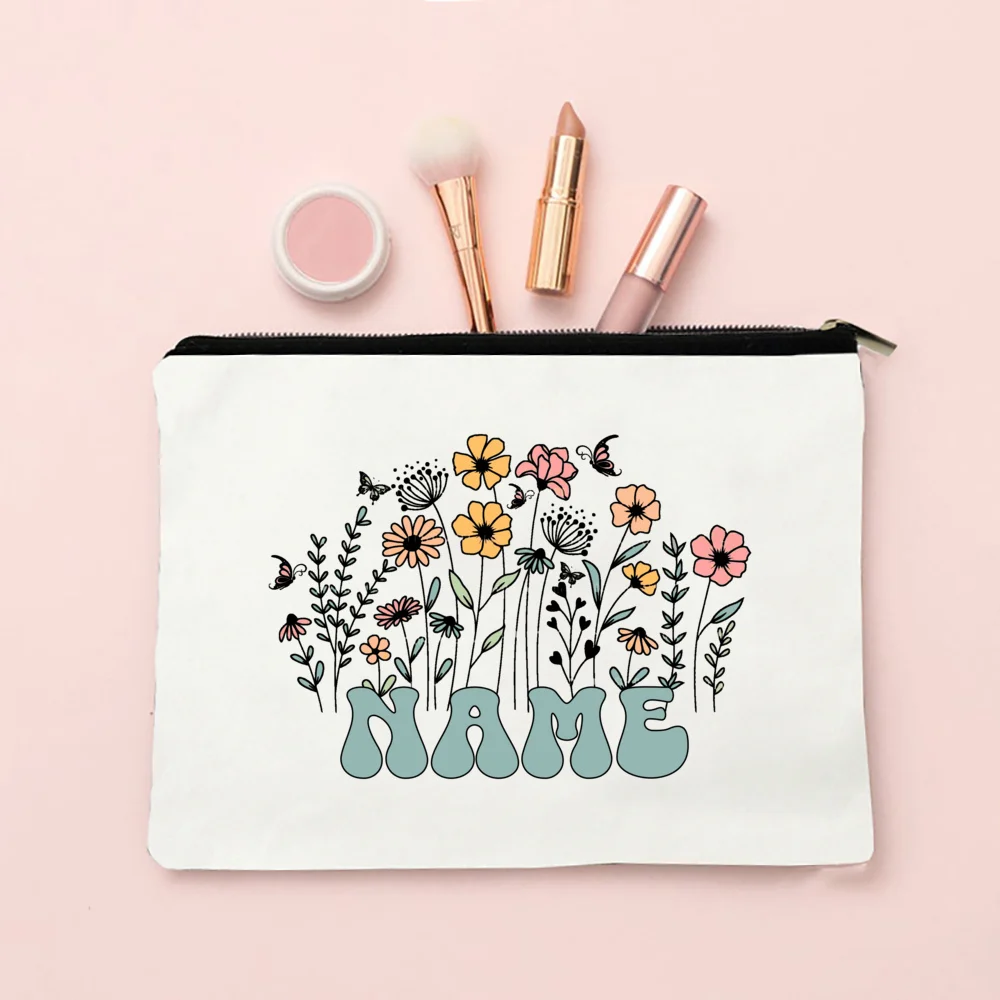 Personalized Flower with Name Makeup Bag Travel Cosmetic Case Canvas Monogram Toiletry Bag Festive Birthday Wedding Gift for Her