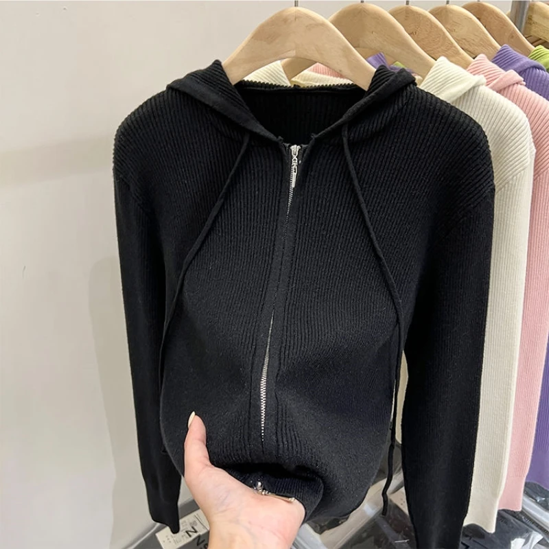 2024 Spring and Autumn Korean Commuter Minimalist Casual Sweater Cardigan Long Sleeve Hooded Solid Color Zipper Women\'s Coat Top