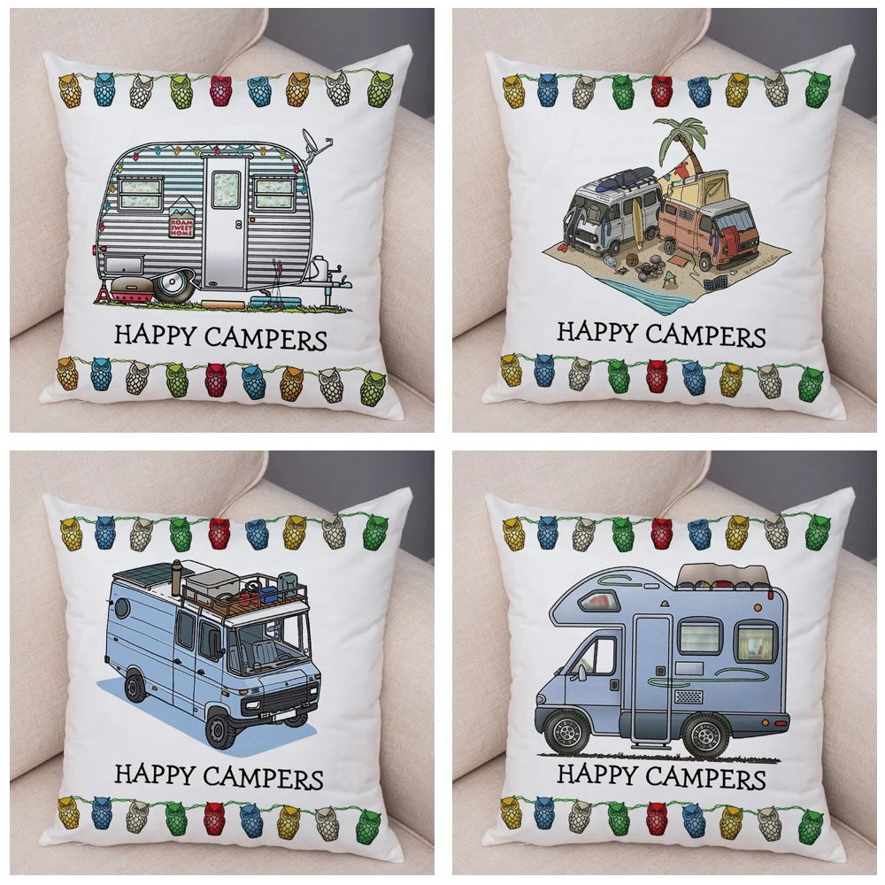 Both Sides Cartoon House Travel Car Cushion Cover Pillow Case Decor Happy Camper Van Life Soft Plush Pillowcase for Sofa Home