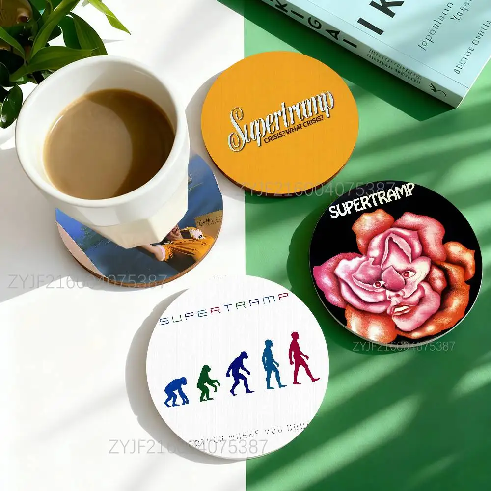 

S-Supertramp Band Music Pattern Art Coasters Round Wooden Heat Resistant Non-Slip Home Decor Gift Multifunctional