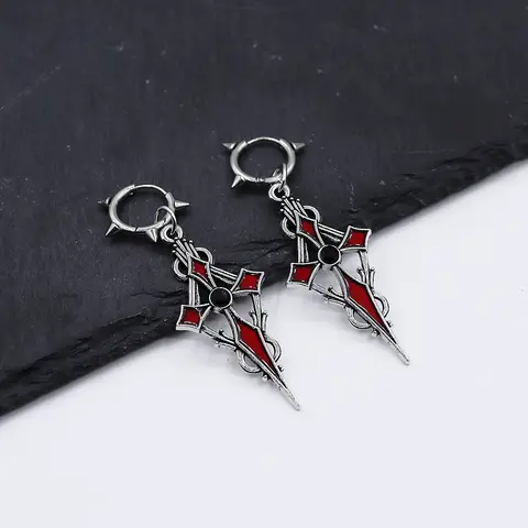 1 쌍 고딕 펜던트 귀걸이 합금 레드 에나멜 멕시코 불꽃 혈액 신성한 심장 Corazon 카톨릭 크로스 펑크 핸드 화살표 고스 여성