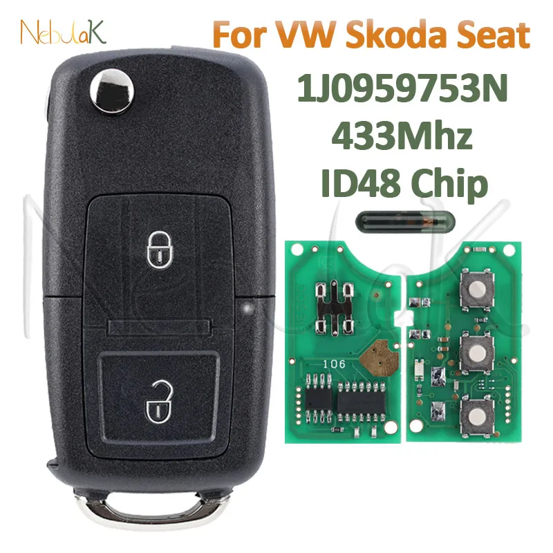 รถพับ รีโมท พลิกกุญแจ Fob 1J 0959753 N สําหรับ VOLKSWAGEN VW Golf Beetle Bora ที่นั่ง Toledo SKODA Octavia HU66 ใบมีด 433 Mhz ID48