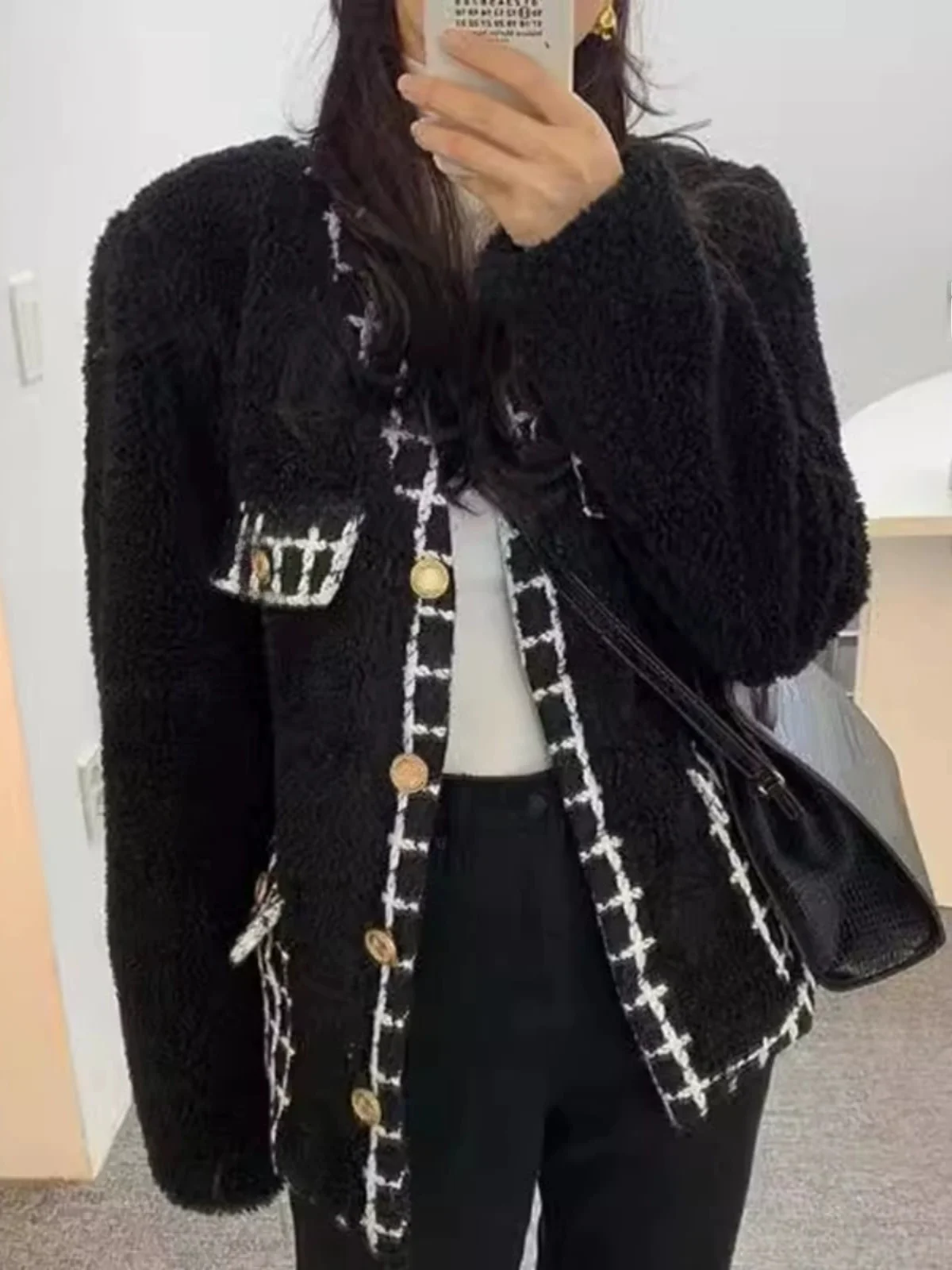 

Lamb Velvet Jaet Women's Autumn Winter V-ne Design Unique Warm Outerwear Top Faion Commute Sle Long Sve Loose Fit