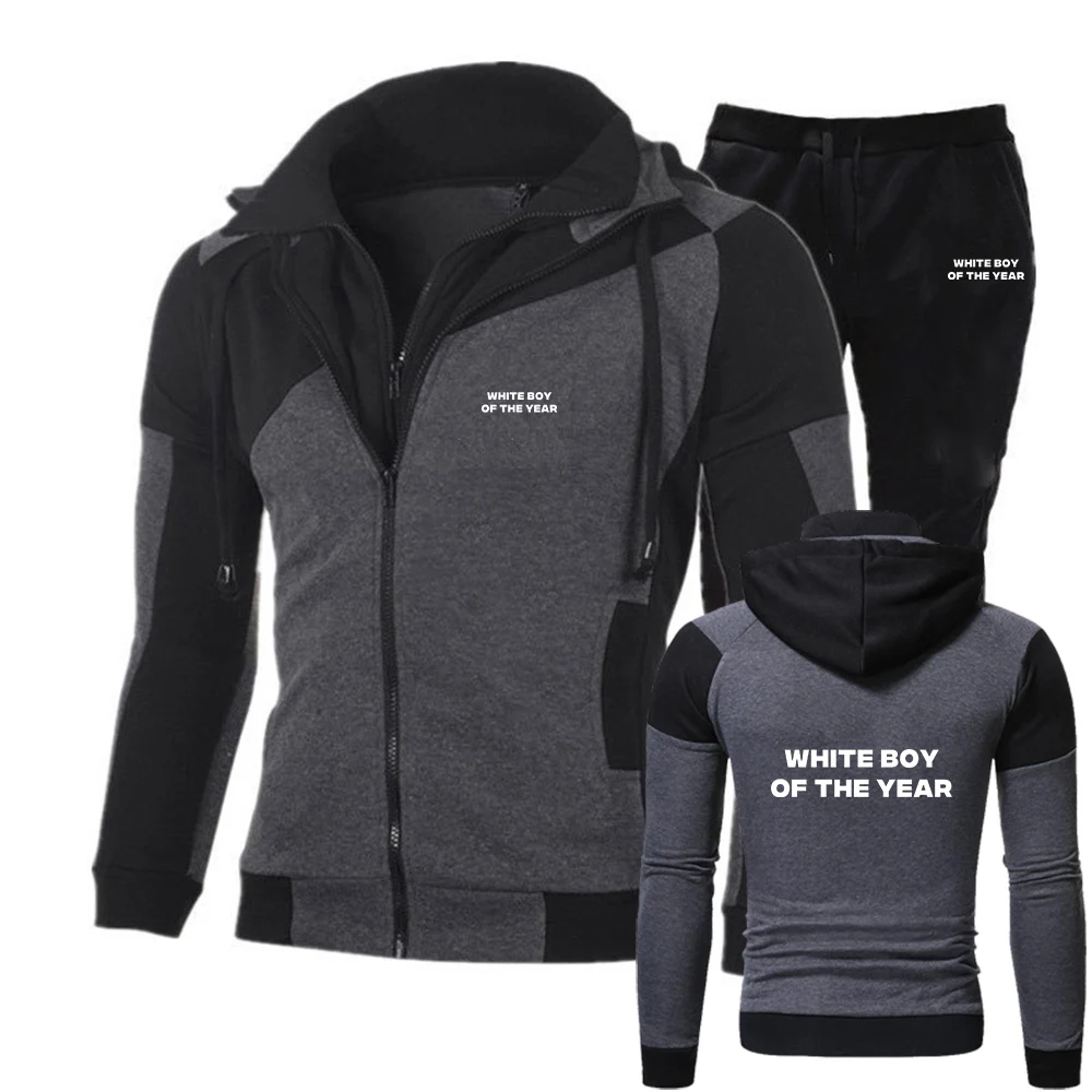 

WHITE BOY OF THE YEAR Printed 2025 New Fashion Mens Spring Autumn New Diagonal Zipper Hoodie Sportspant Two Pieces Suit