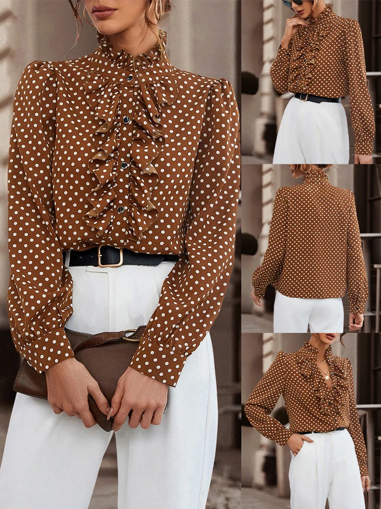 

Женская одежда: рубашка с пышными рукавами и принтом в горошек, модная, элегантная