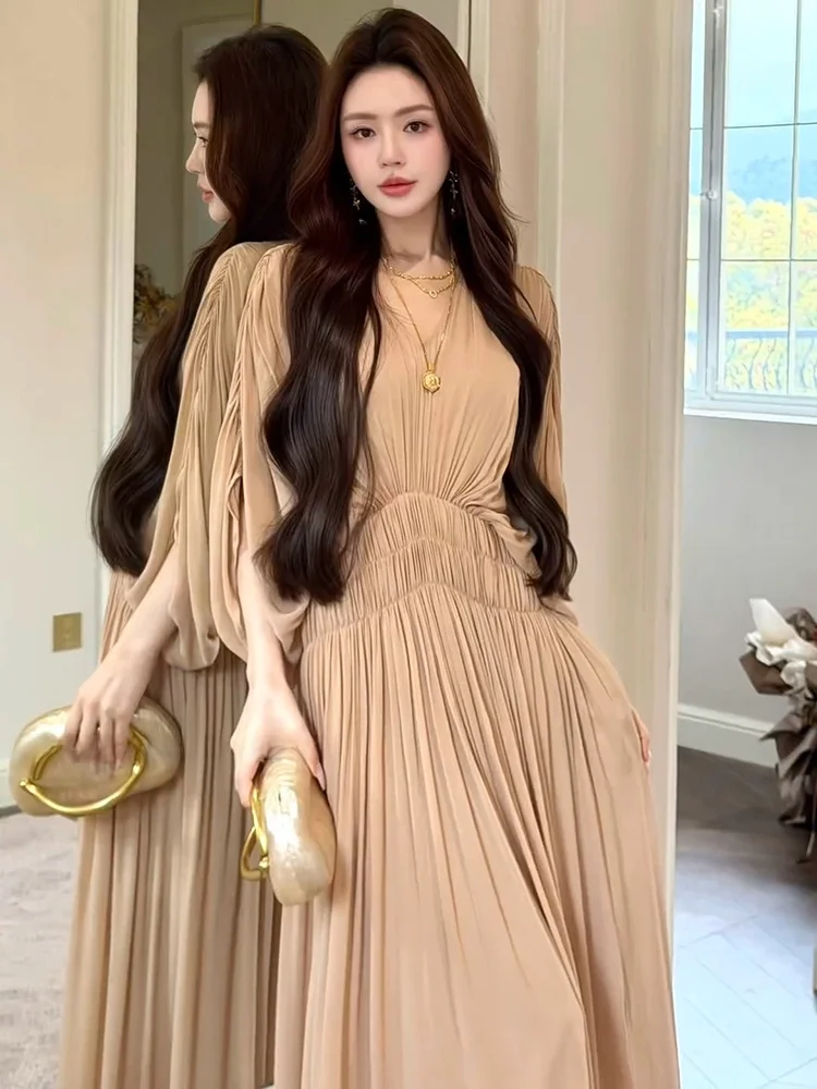 

Elegant Pleated Batwing Sleeve Dress Women's Long Skirt Slimming French Style A-Line Summer Fashionable Casual Travel Dress