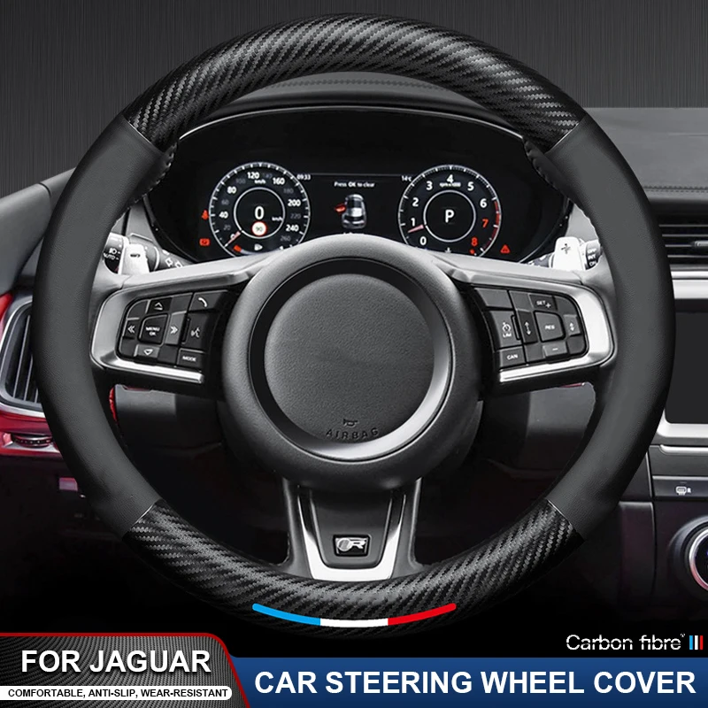 

For Jaguar E-PACE F-PACE F-TYPE I-PACE XE XF XK XJR XJ XEL XFR XFL Car Carbon Fiber Leather Steering Wheel Cover Car Accessories