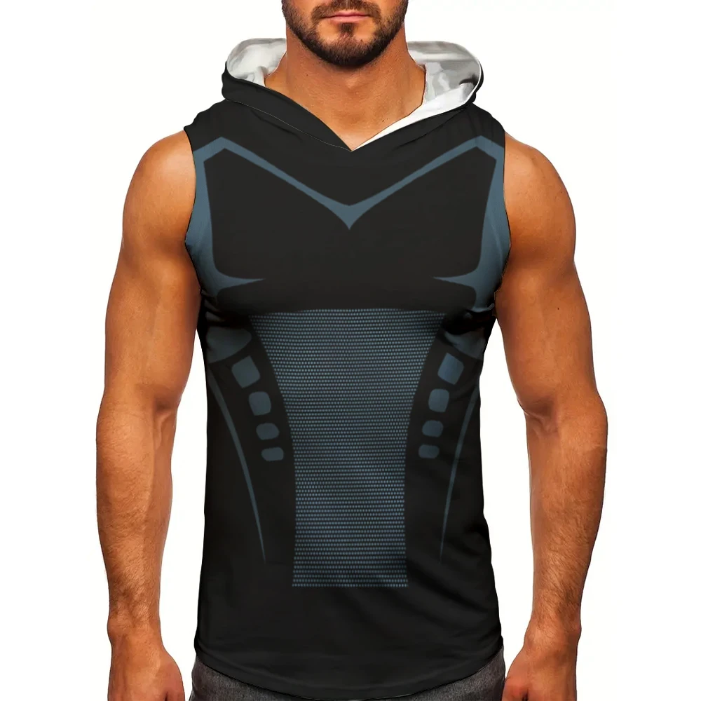 Men's Techwear Sleeveless Hoodie Quick Dry Gym Shirt Geometric Print Fitness Workout Tank Top Streetwear Athletic Hooded Tank