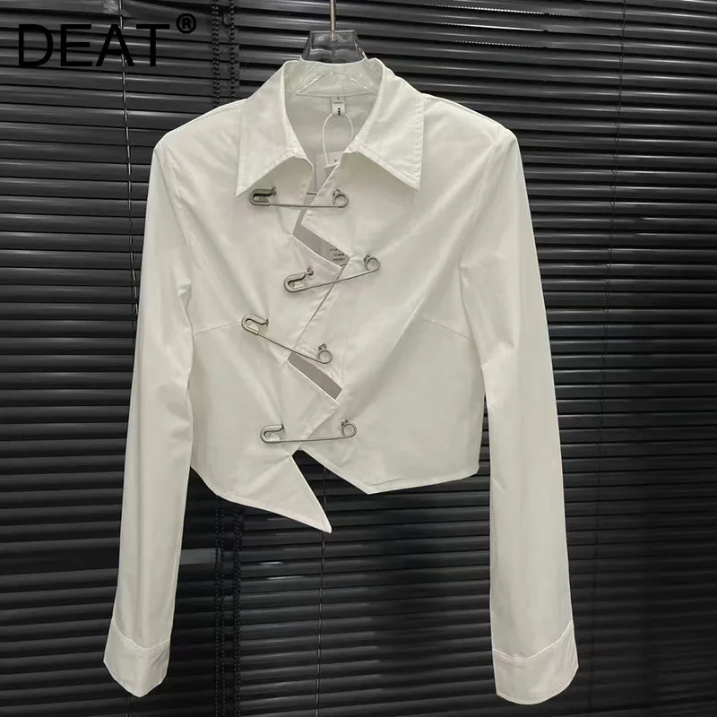 DEAT 2025 Spring New Items Fashionable Personalized Pin Design Solid Color Shirts For Women Lapel Long Sleeve Blouse 11A01502