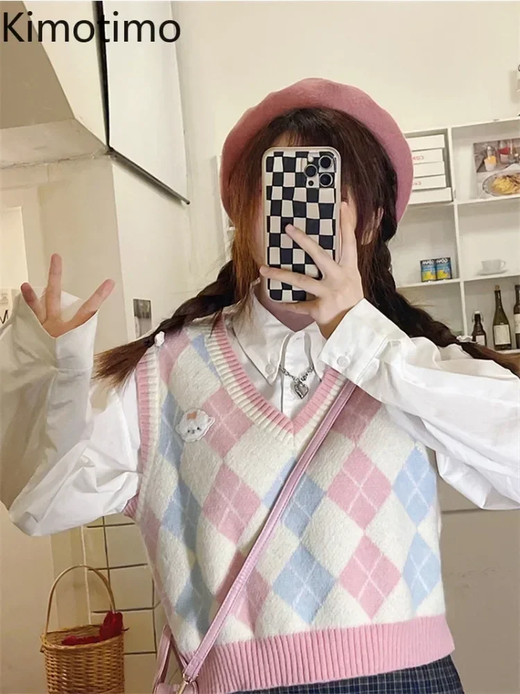 Kimotimo Colorblock Argyle Knit Vest Women Japanese Sweet Pink V Neck Overlap Short Pullover Kawaii Outer Sleeveless Y2k Sweater