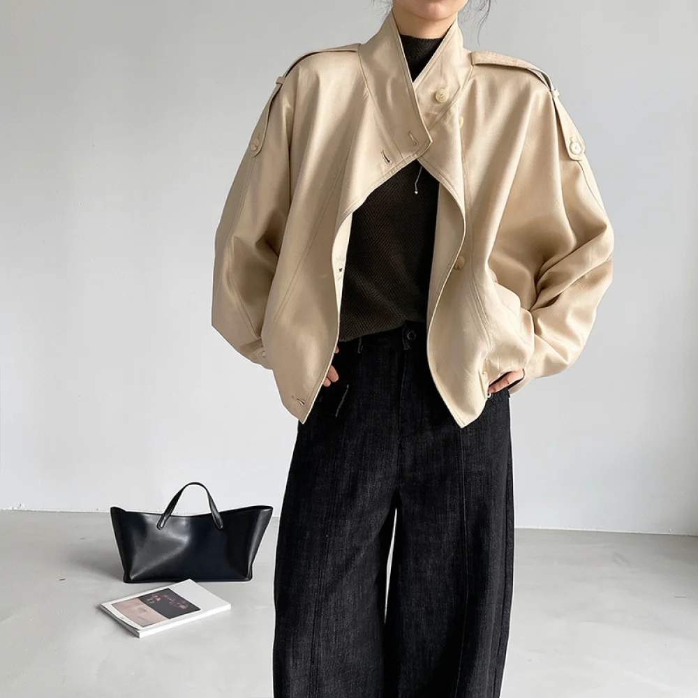 Fashion Women Windbreaker Batwing Sleeve Jacket Lyocell Linen Blend Loose Autumn Outerwear Korean Style Daily Top