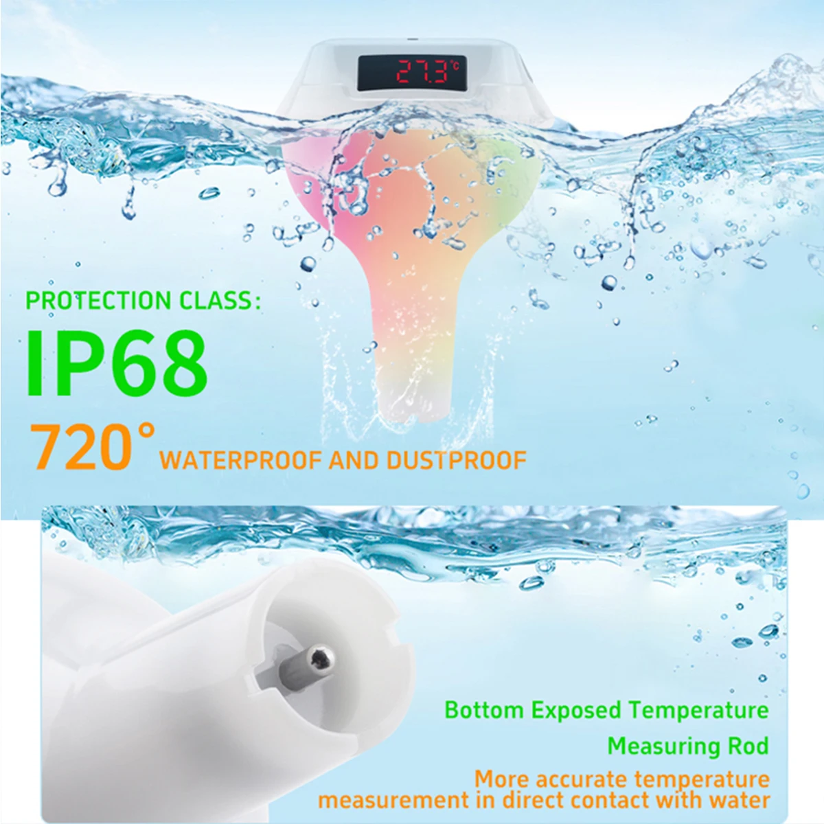 Waterproof Floating RGB Ambient Light Pool Thermometer Bottom Exposed Temperature Measuring Rod