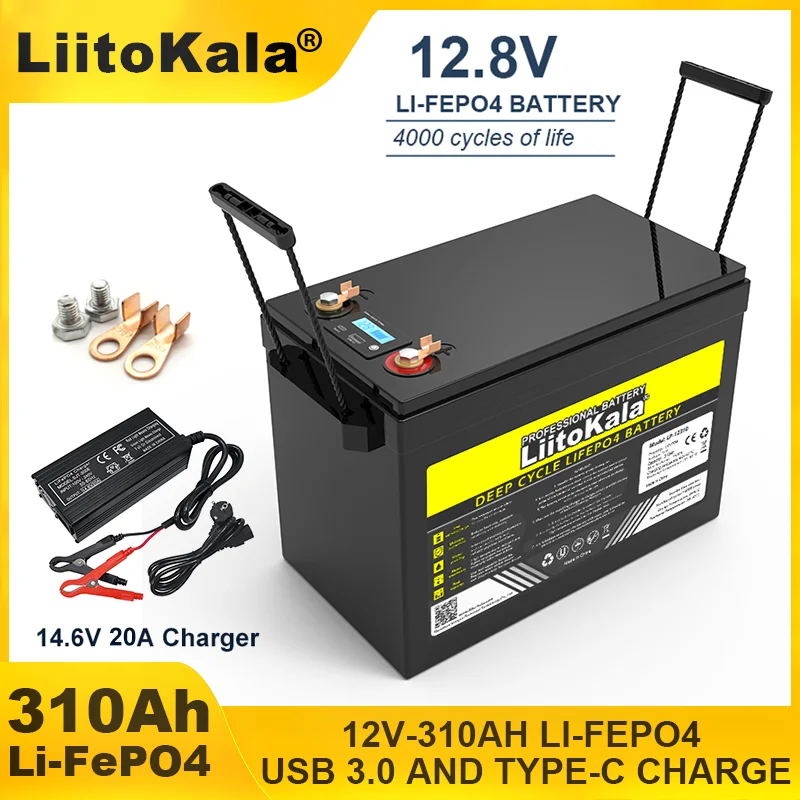 LiitoKala 12.8V 310Ah LiFePO4 battery with 12V 4s BMS For RV Campers Golf Cart Off-Road Solar Wind batteries 14.6V 20A Duty-free