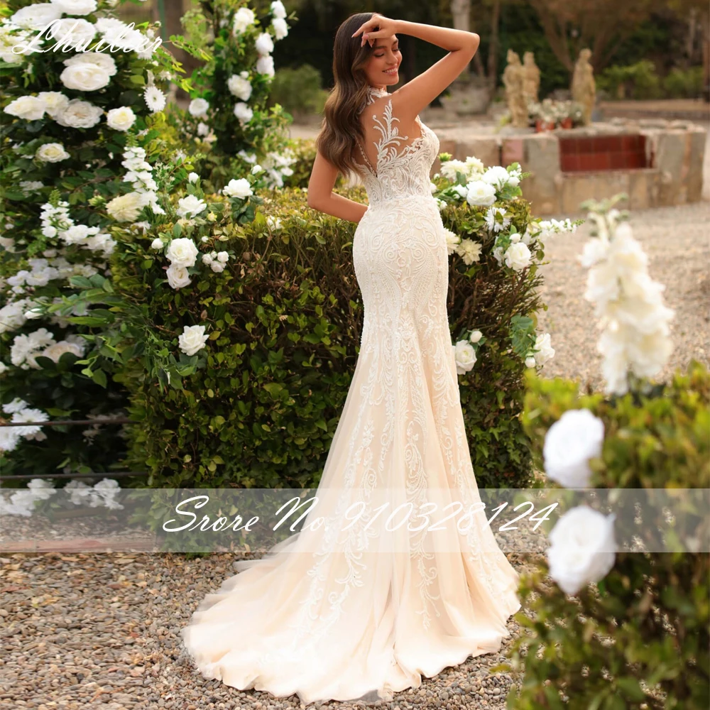 Lhuillier ที่กําหนดเองชุดแต่งงานลูกไม้นางเงือกแขนกุด O คอลูกปัดชุดเจ้าสาวพร้อมรถไฟศาล