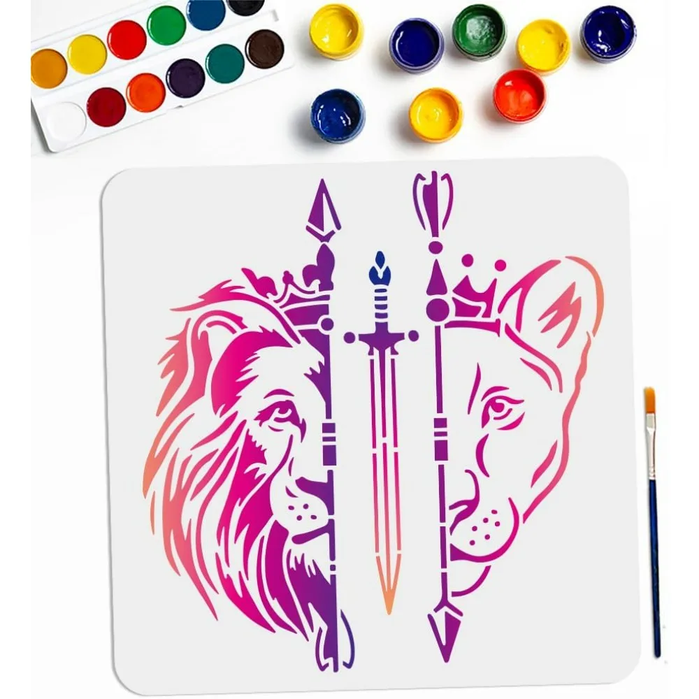 Lion Sword Bow and Arrow Stencil 11.8×11.8inch Large Lion Head Stencil Reusable Wild Animal King Crown Arrow Drawing Template