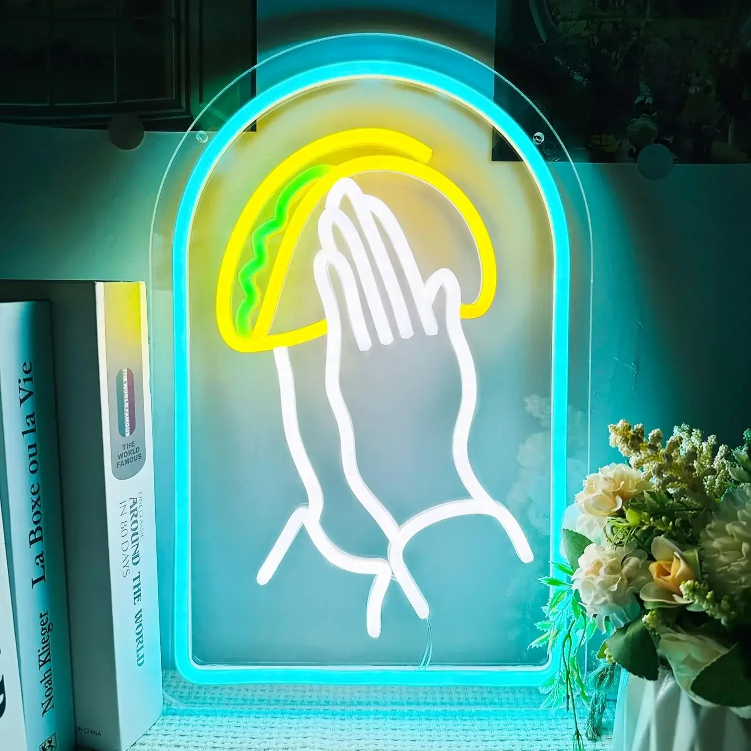 Praying Hands Holding Tacos Neon Sign LED Tacos Neon Light Mexican Food Shop for Wall Decoration Store Gifts for Tacos Lover