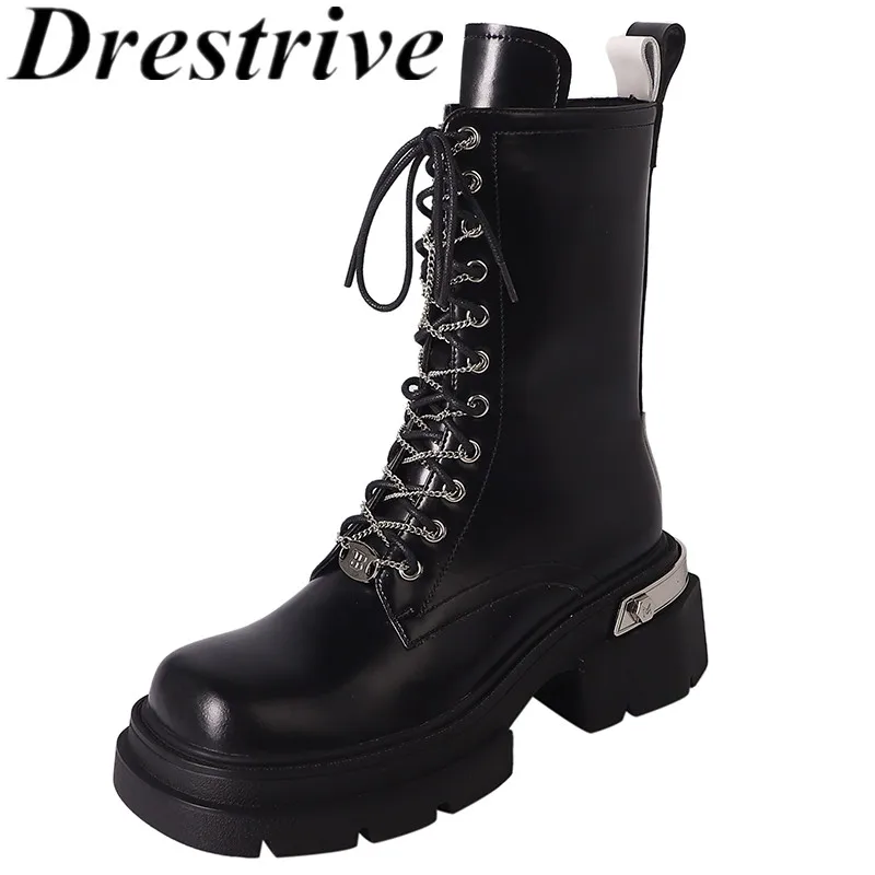 

Drestrive 2023 Fashion Women Ankle Boots Cow Leather Platform Thick High Heels Cross Tied Zipper Winter Shoes Top Quality