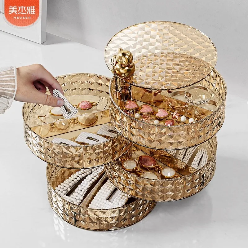 

Luxury Jewelry Box Storage Box Necklace Earrings Ring Organizer Rotatable Large Capacity Multi-layer Gold-Plated Plastic Box