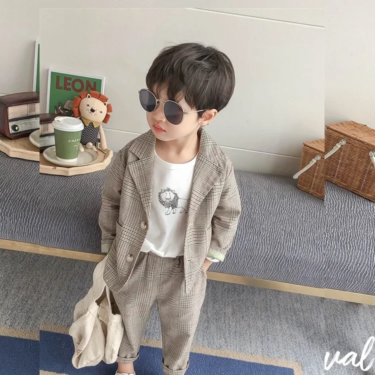 Spring Autumn Children's Clothing Suit Kids Clothes Boys V-Neck Tops + Pants 2 Piece Set Plaid Formal Wear 2-10Y Thin Outerwear