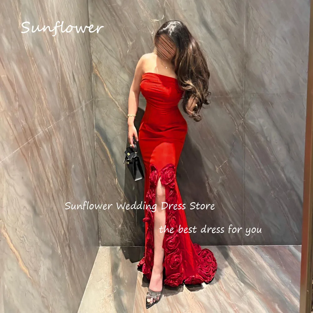 Sunflower Simple Red Strapless Mermaid Prom dress 2024 Slim Backless Side Split 3D Flowers  Floor-Length Formal Evening Dress