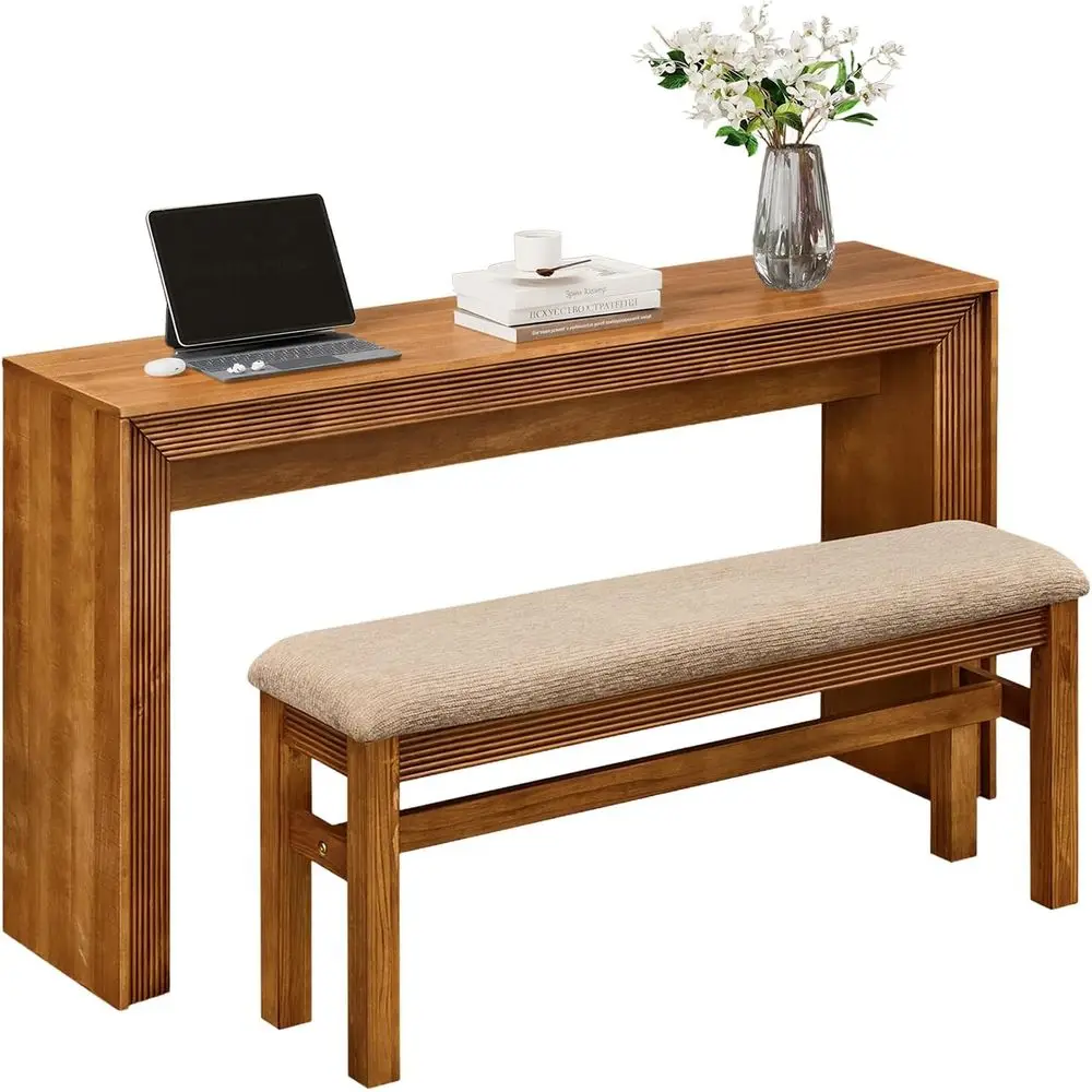 2-Piece Counter Height Bar Table Set with Fabric Upholstered Stools in Brown and Pine Finish