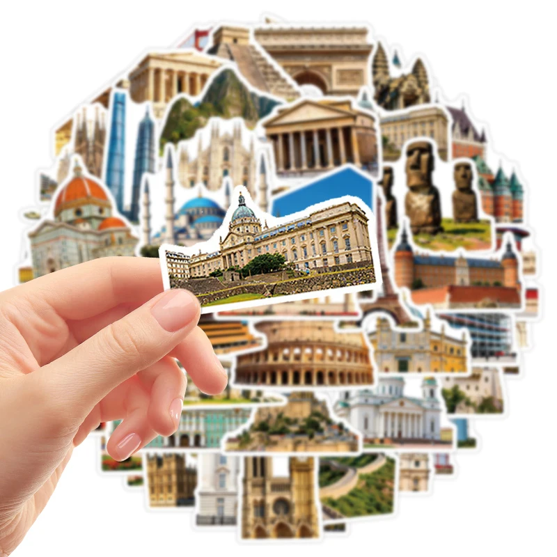 50 Stück Weltberühmte Wahrzeichen Aufkleber-Set Wasserfeste Vinyl-Sticker für Scrapbooking Wasserflaschen Berühmte Architektur Aufkleber