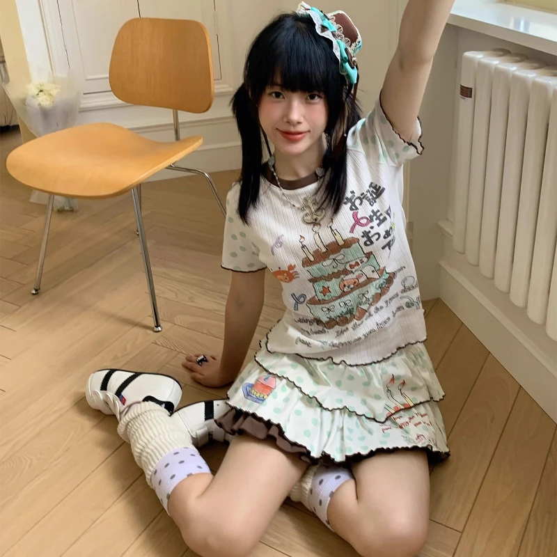 Japanese Design Brown Green Polka Dot Color Block Women's Cake Skirt New Sweet Cute Age-Reducing High Waist Mini Skirts Ladies