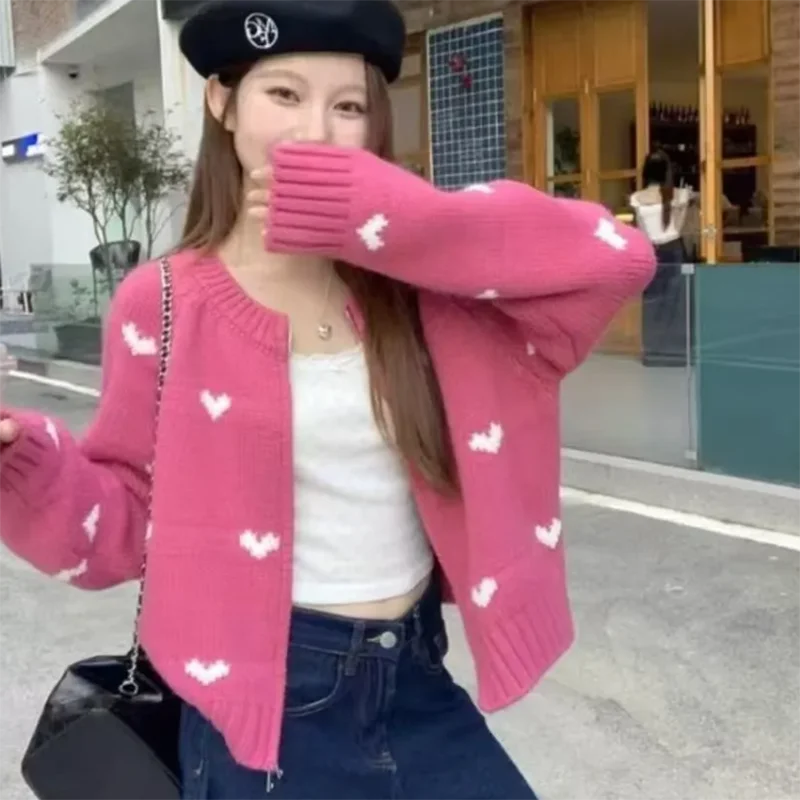 Süße Zipper Strickjacke Frauen Herz Form Drucken Lose Beiläufige Koreanische Einfache Pullover Herbst Winter Faul Wind Büro Dame Neue Tops