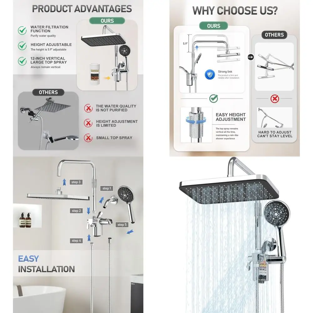 12-Inch High-Pressure Rainfall Shower with Handheld Spray, Adjustable Slide Bar, Dual Showerhead, Black Bathroom Accessory