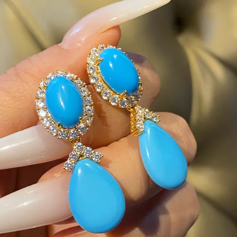 

KQDANCE 925 Sterling Silver Synthetic Blue Turquoise Water Drop Earrings Gold Plated Designer Wedding Party Jewelry Gifts Women
