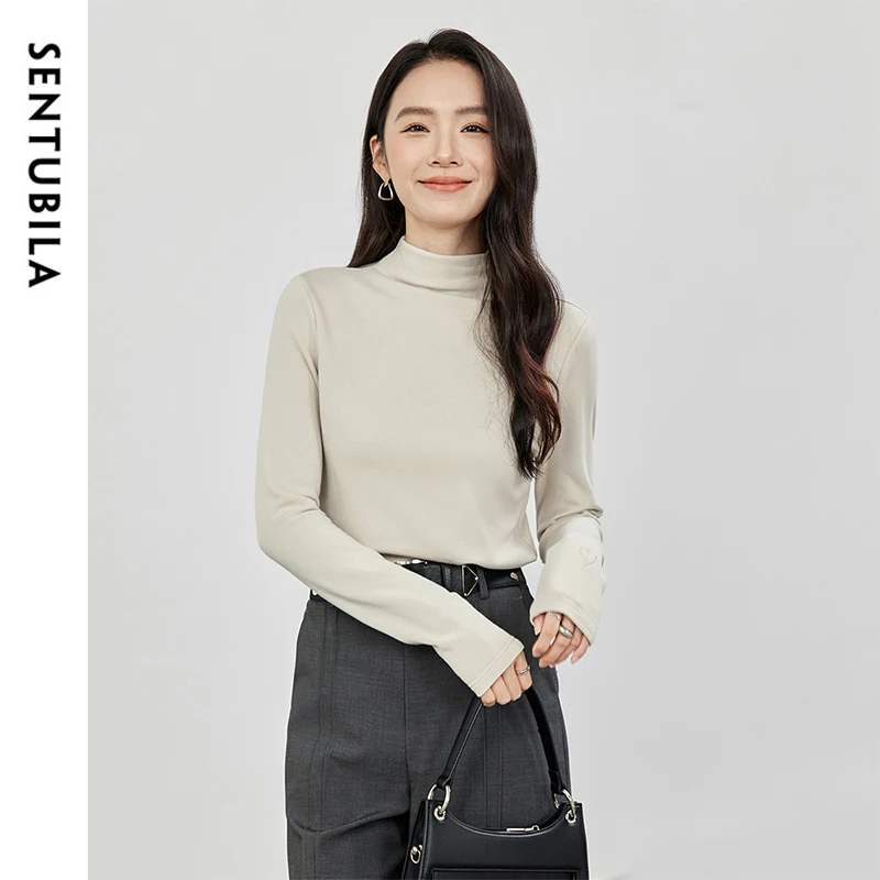 SENTUBILA Winter Cotton  Turtleneck Knitted Pullovers Casual Straight Embroidery Long Sleeve Tops 2024 Female Clothing 144S57107