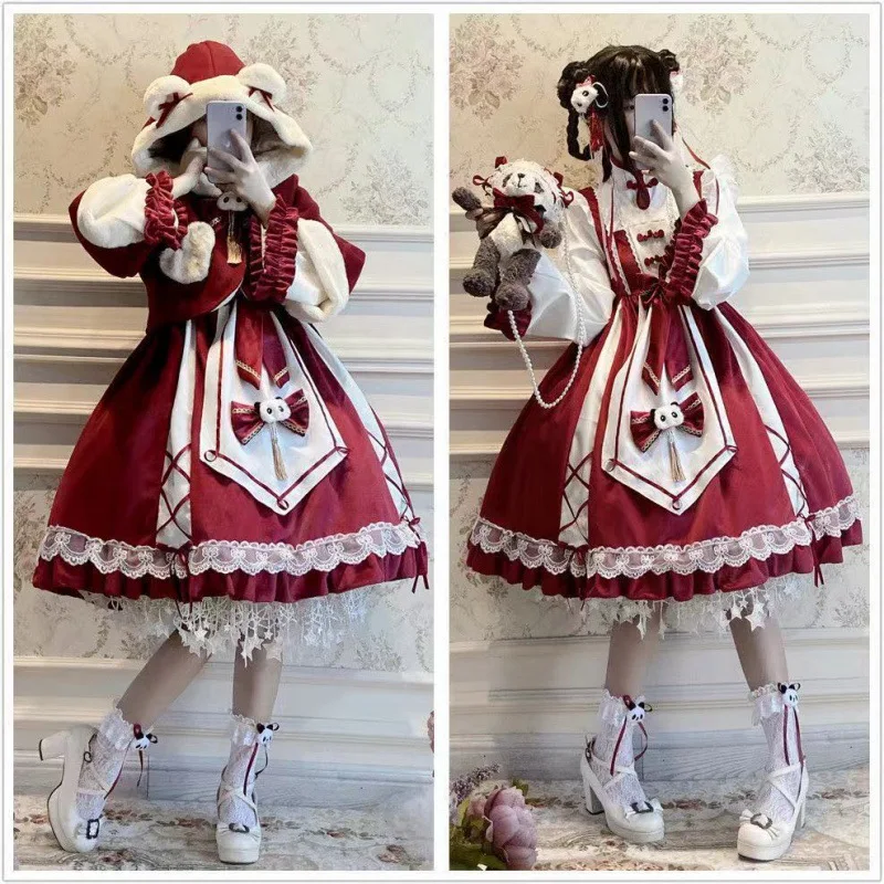 

A red Lolita dress set with a Chinese style panda long-sleeved shirt and a bow