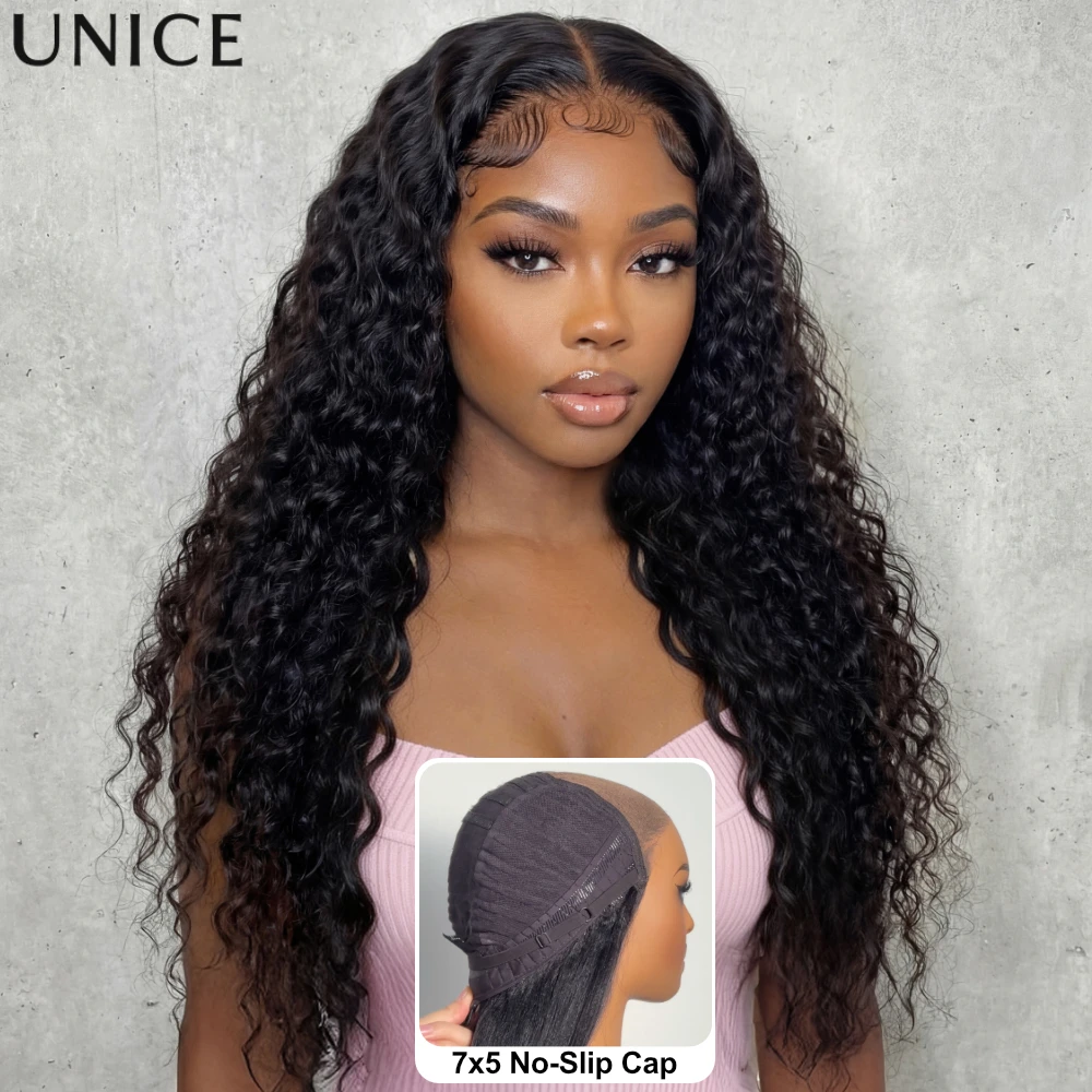 

UNice 7x5 Bye Bye Slip Water Wave Wig With Baby Hair & Drawstring 100% Human Hair Wig Pre Cut Bleached Put On & Go Glueless Wig