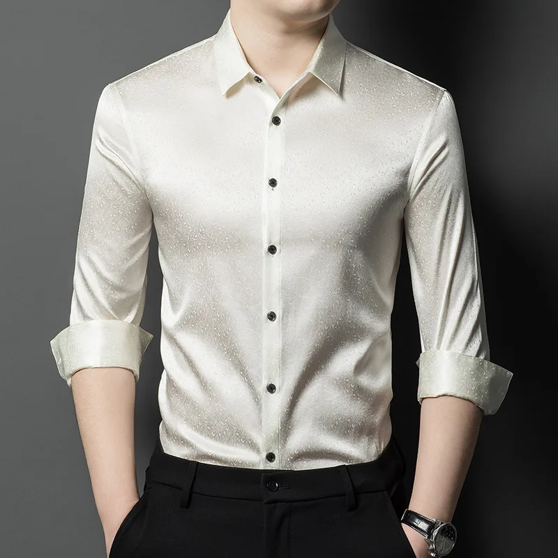 

Мужская весенняя рубашка из тутового шелка с длинным рукавом, высококачественная шелковая рубашка, повседневная деловая шелковая мужская рубашка-топ