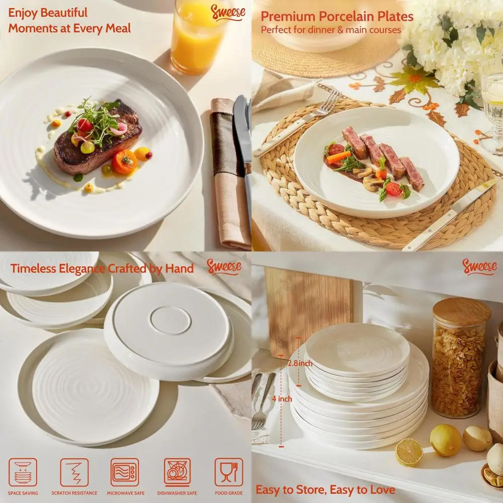 

Set of 6 Porcelain Dinner Plates, 10.5 Inch - Dishwasher, Microwave, Oven Safe, Scratch Resistant, White Serving Dishes