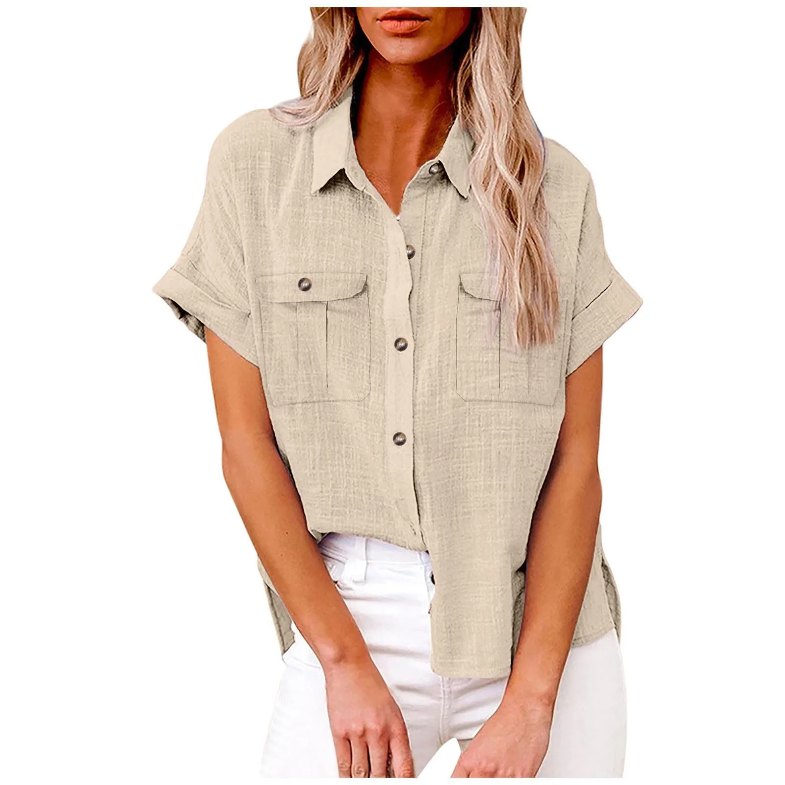 Plus Size Casual Blouse Women's Solid Short Sleeve Turn Down Collar Button Up Shirt Top With Flap Pockets Female Shirt