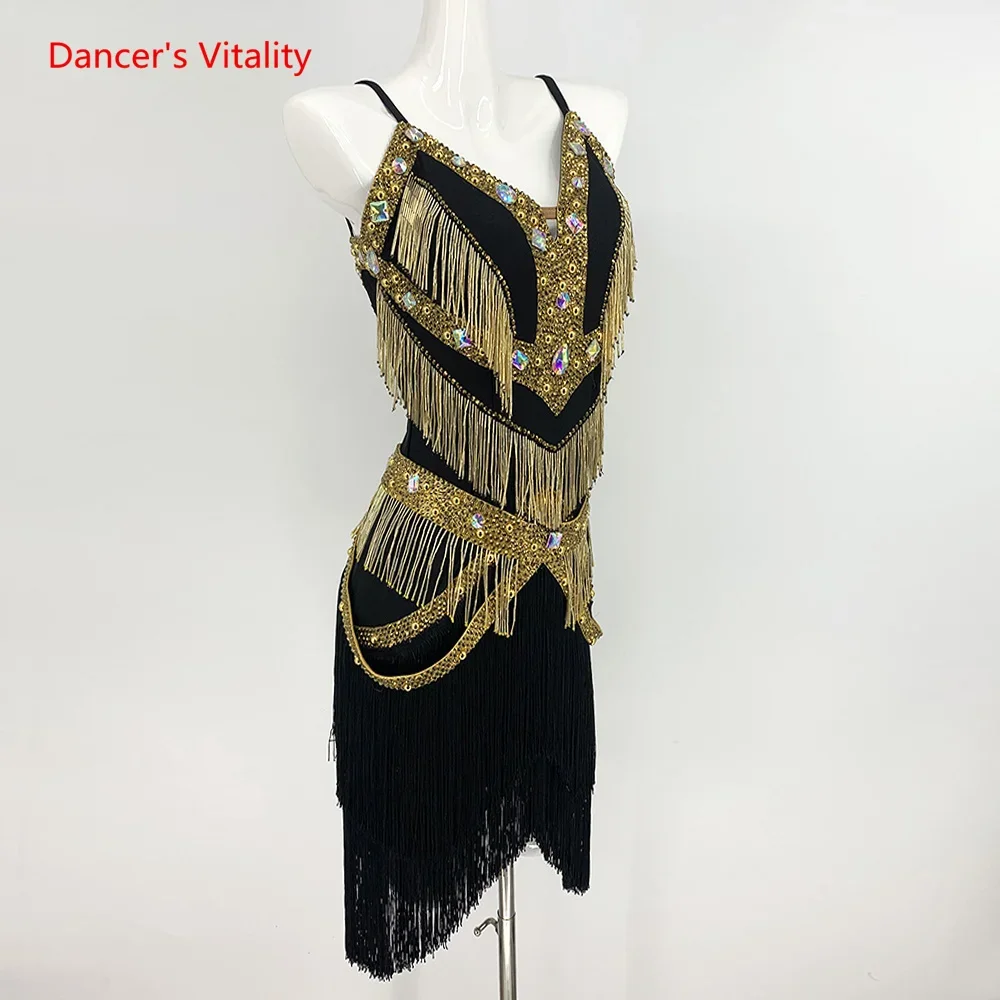 Latin Dance Fringe Dress for Women Customzied Chacha Tango Rumba Competition Clothing Children AB Stones Performance Skirt