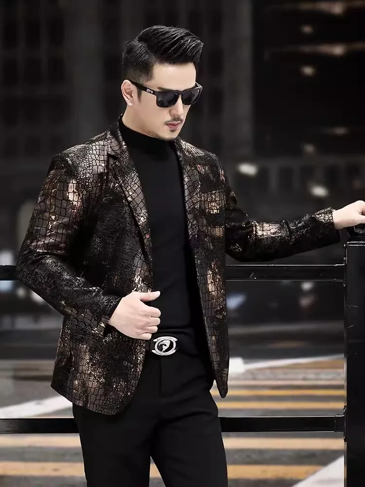 Business Men Snake Pattern Real Sheepskin Blazer Work Suit Coat Autumn Fashion Slim Fit Single Breasted Genuine Leather Jacket