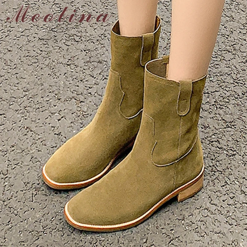 Meotina Women Genuine Leather Ankle Boots Round Toe Flats Cow Suede Short Boots Lady Fashion Shoes Autumn Winter Coffee Black 40