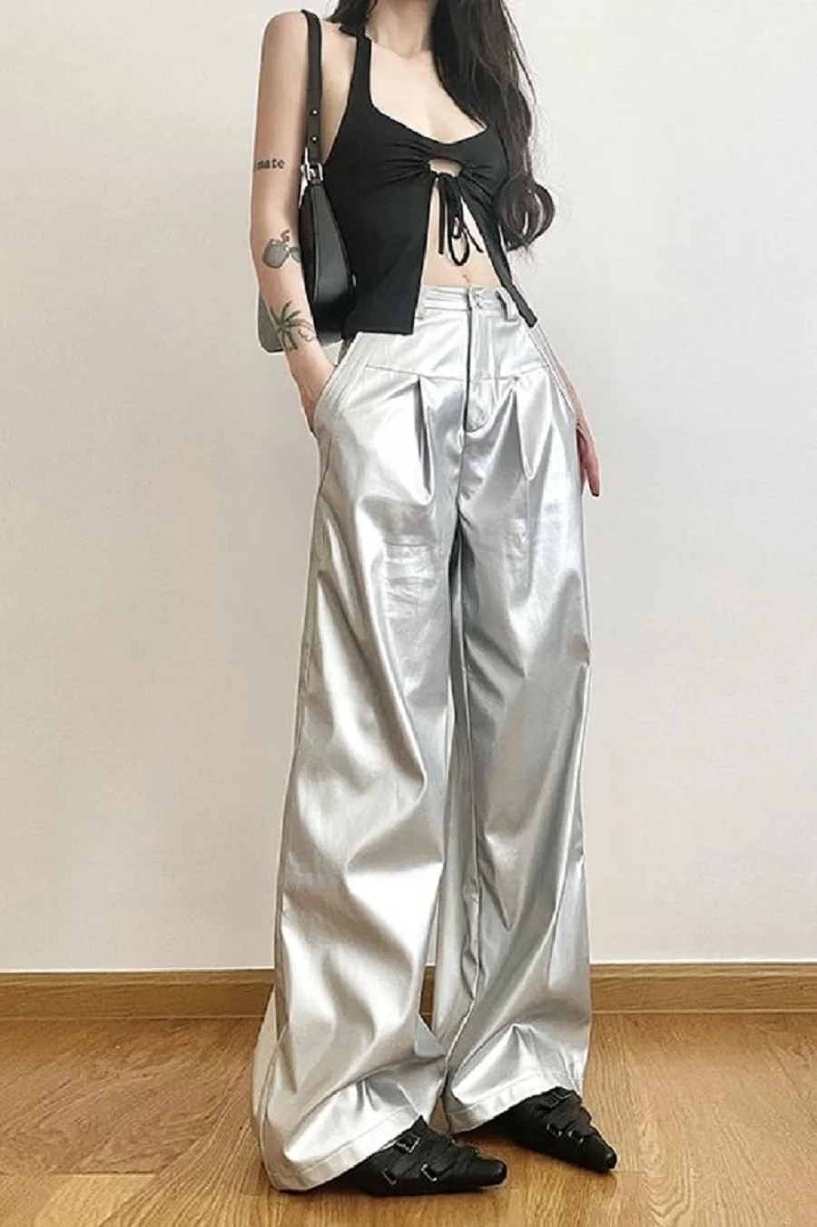 American Street Style Glossy PU Leather Casual Pants Women Spring Autumn Niche Design High Waist Loose Wide-Leg Floor Trousers