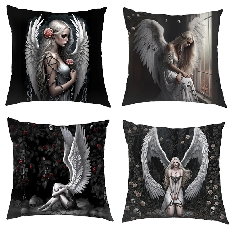 

Sad Fallen Angel Wing Print Cushion Cover Gothic Girls Skull Pillowcase Sofa Bedroom Office Car Throw Pillow Case Covers Gift