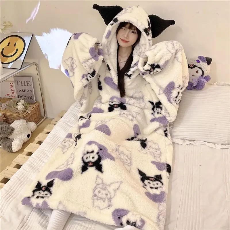 Sanrios Kuromi Pajama Skirt Anime Cartoon Woman Autumn Winter Plush Keep Warm Girl Long Style Oversized Robe Home Wear Nightgown