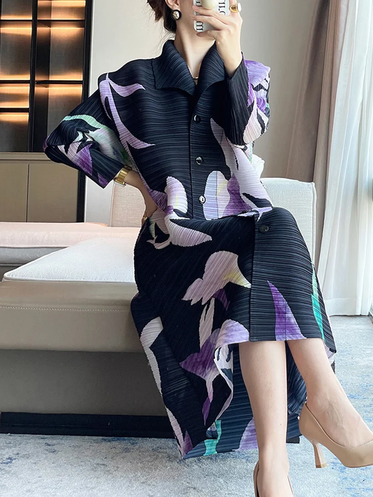 GVUW Pleated Print Dress Women Lapel Single Breasted Full Sleeve Medium Long Loose Office Lady New 2024 Chic Style 17G2851