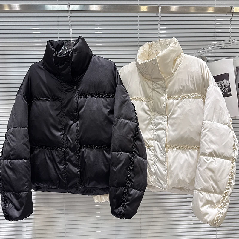 

Winter New Fashionable Street Folded Mushroom Lace Design Stand up Collar Down Jacket Women Solid Color Casual Versatilr Coat