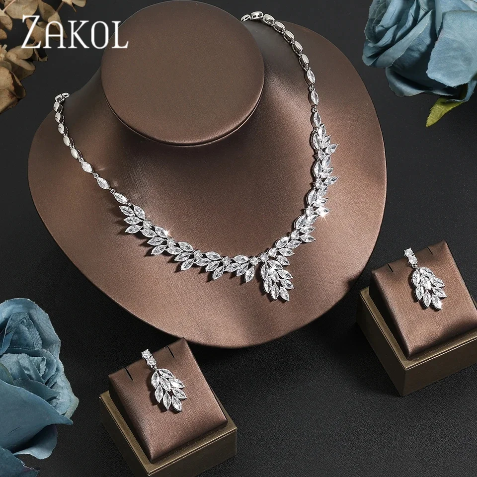 ZAKOL Classic Water Drop Necklace Earrings Set for Women Shinny Leaf Cubic Zircon Jewelry Sets Lady Party Wedding Accessories