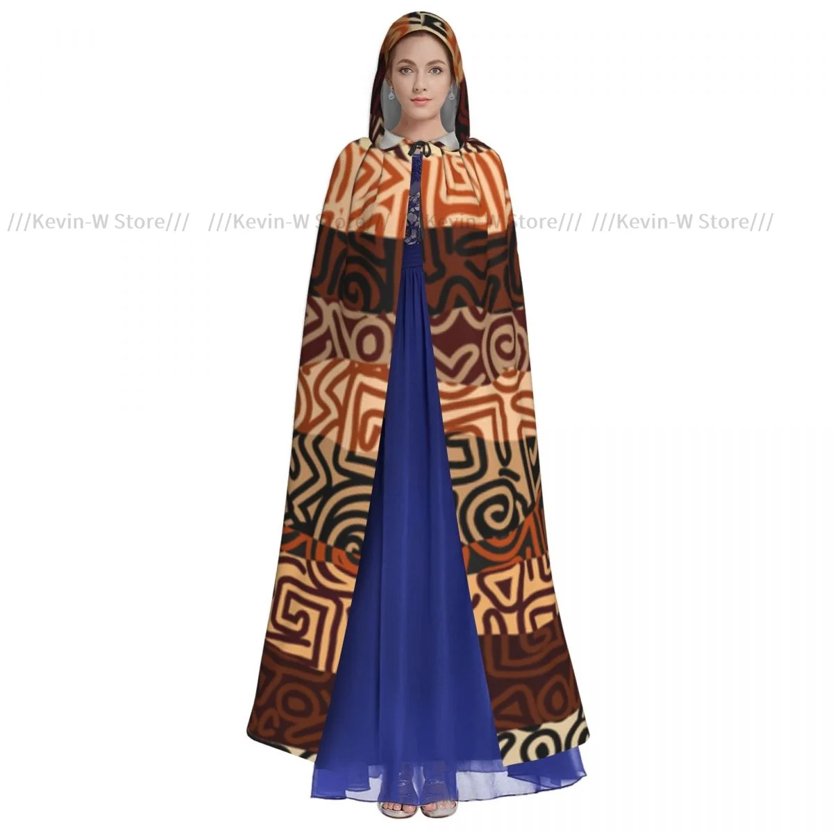 Strikes Curved Spiral Lines Pattern Hooded Cloak Polyester Unisex Witch Cape Costume Accessory