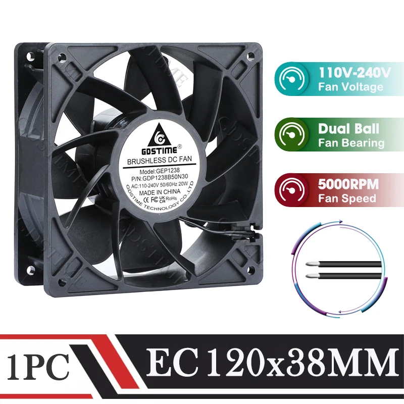 

Gdstime 120MM Fan 240V 110V 120MM*38MM High Speed Big Air Flow Cooling Fan 12038 Dual Ball 5000RPM Violent Fan for CPU Cooling