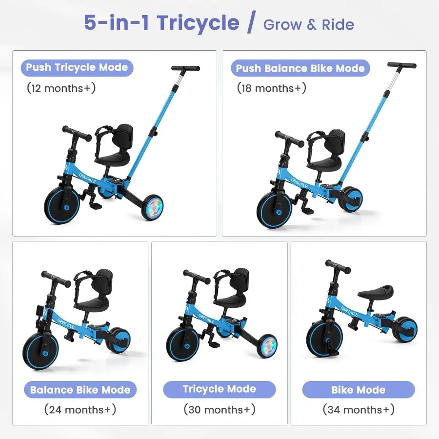 รถสามล้อเด็ก 5-in-1 สำหรับเด็กวัย 1-3 ปี แปลงเป็นจักรยานเด็กพร้อมที่จับสำหรับเข็นและถอดแป้นเหยียบได้ จักรยานทรงตัวพร้อมไฟหลากสี