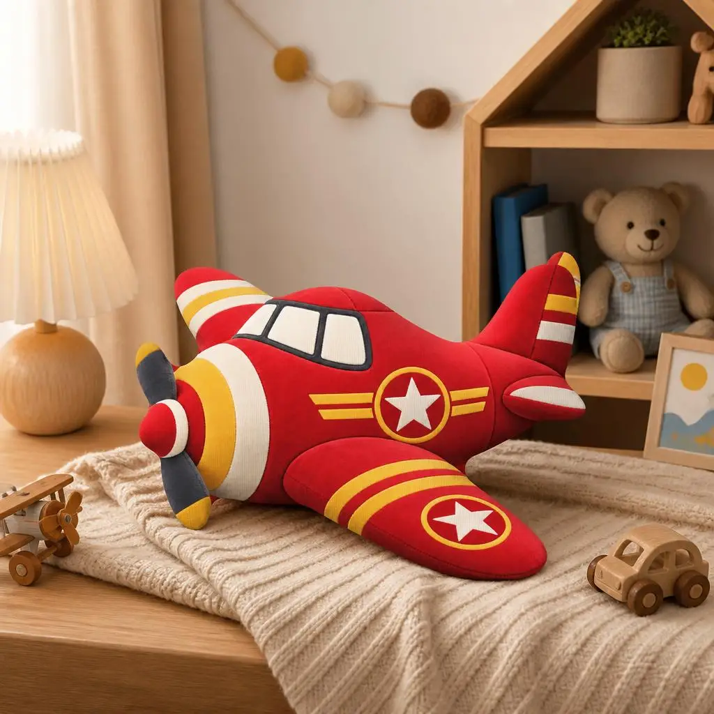 Red Classic Airplane Shaped Pillow Stuffed Cushion Vintage Propeller Plane Throw Pillow Aviation Nursery Bedroom Decor Gift